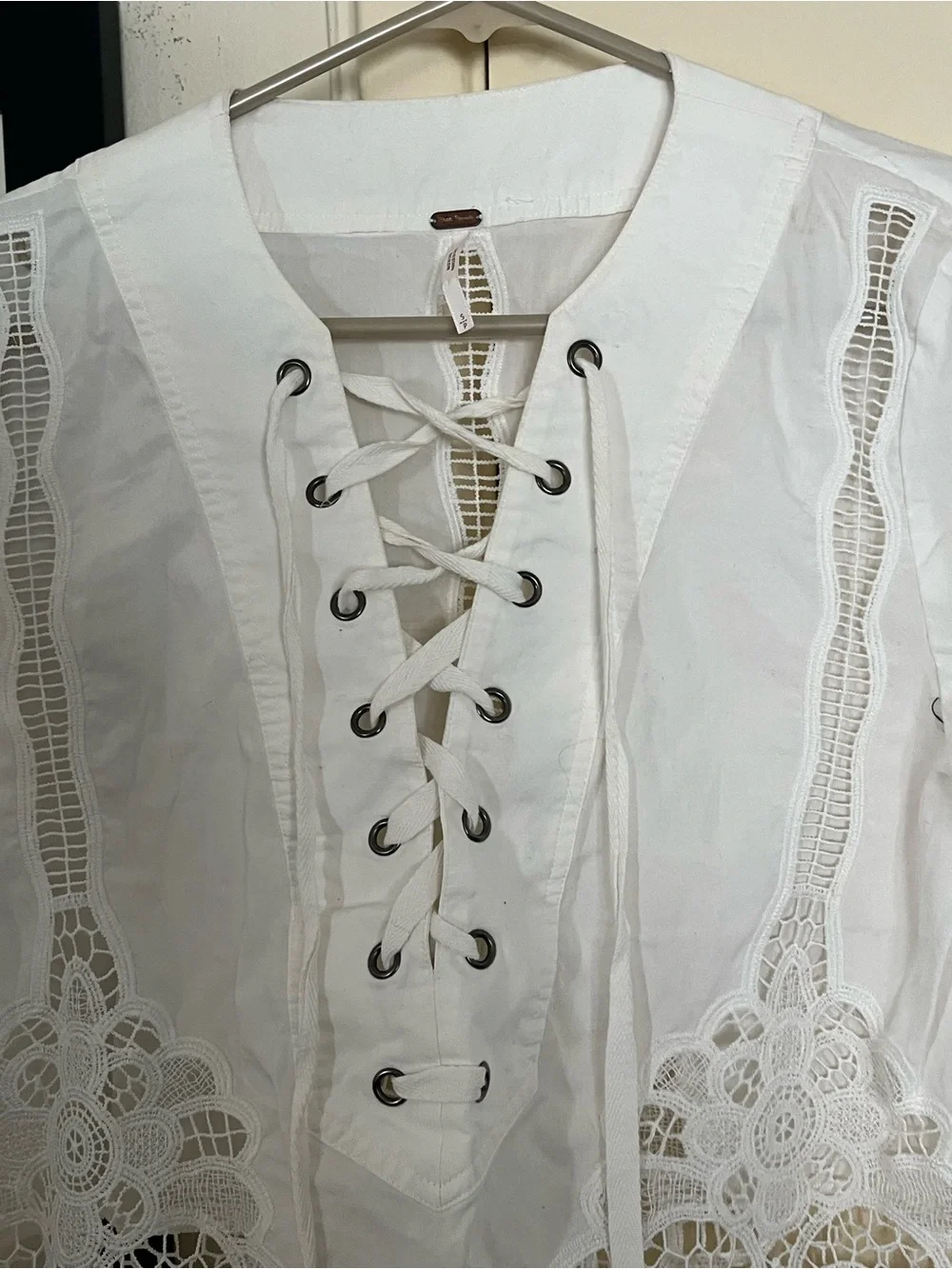 Free People White Lace-Up Crochet Peasant Blouse